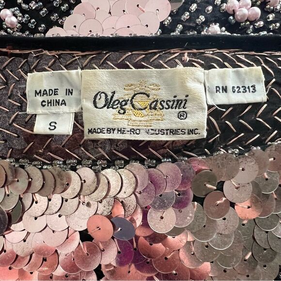 Vintage Oleg Cassini Rose Gold Pink Sequins Silk Formal Blouse Small Pearl Beads - Picture 2 of 7